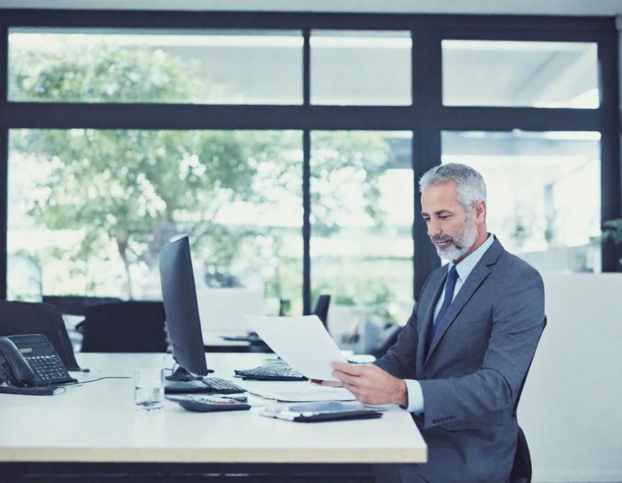 A well-dressed man reviews documents at a modern office desk near a large window.