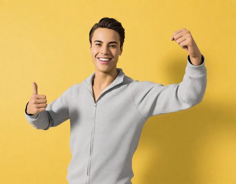 Smiling young man in a grey sweater giving a thumbs-up against a yellow background.