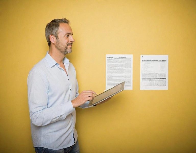 A man using a tablet stands beside two documents on a yellow wall.