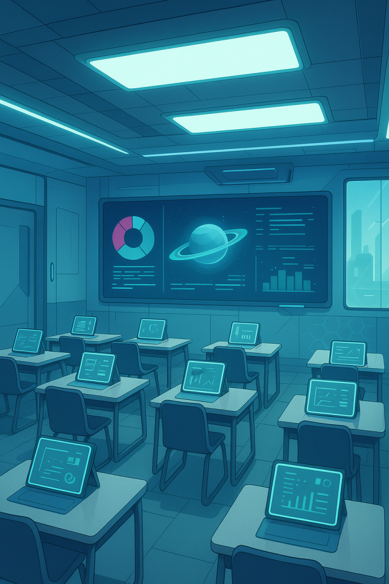 Curriculum AI's Vision, empowering training providers with AI A modern classroom with tablets on desks and digital displays showing charts and a planet.